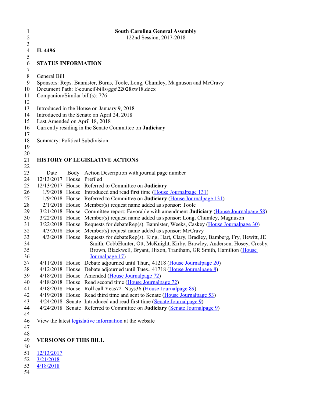 2017-2018 Bill 4496: Political Subdivision - South Carolina Legislature Online