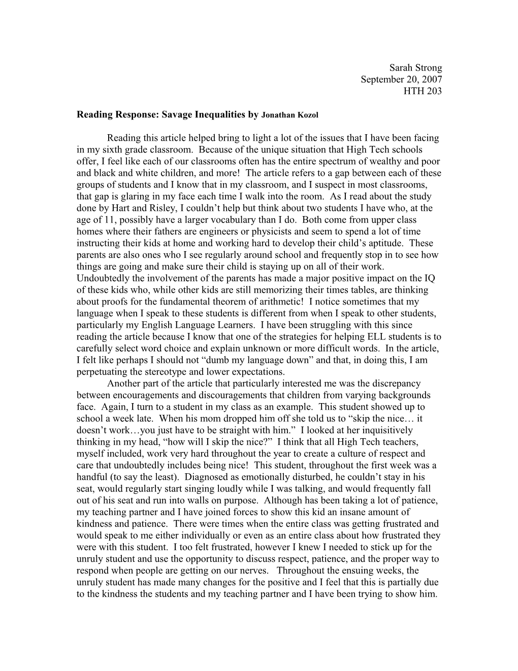 Reading Response: Savage Inequalities by Jonathan Kozol