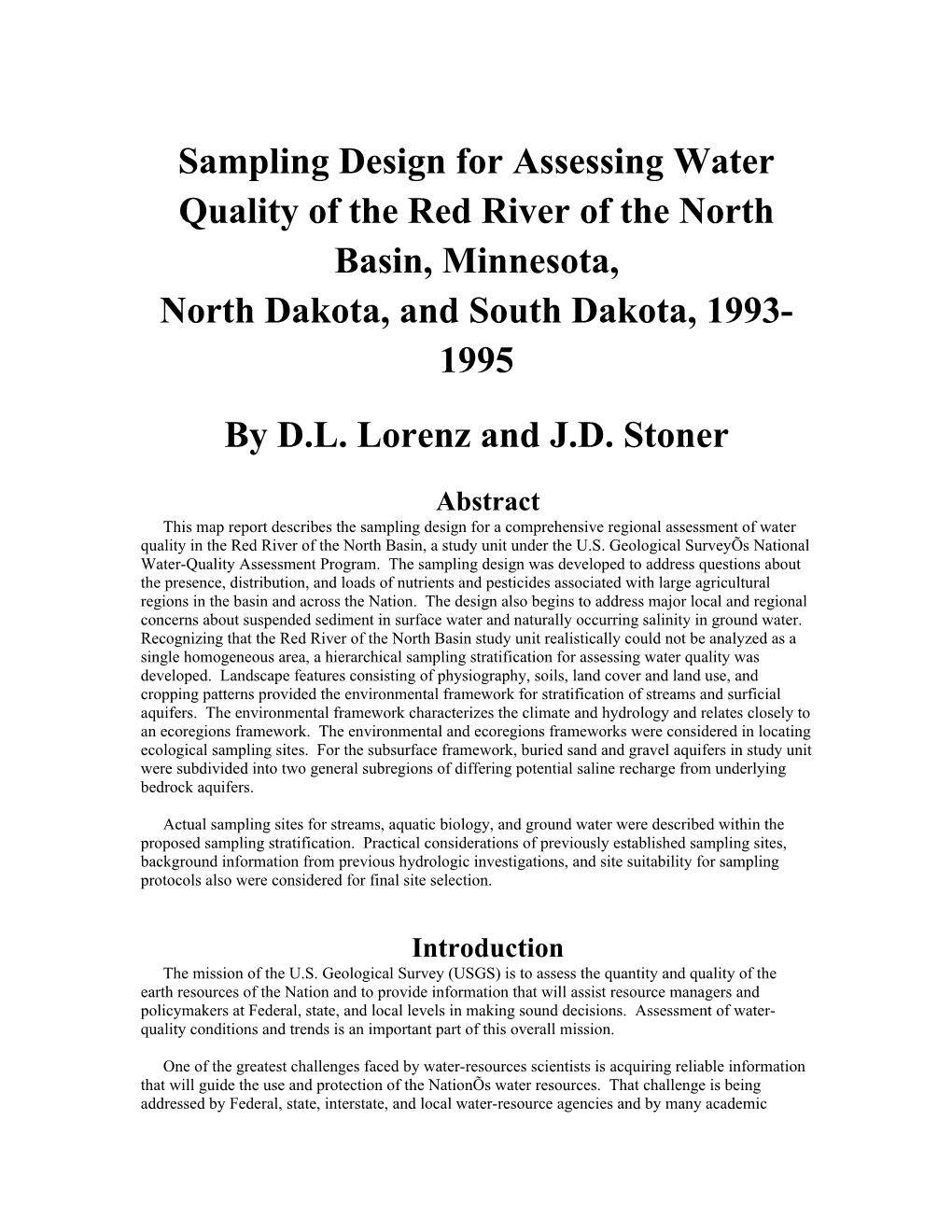 Sampling Design for Assessing Water Quality of the Red River of the North Basin, Minnesota