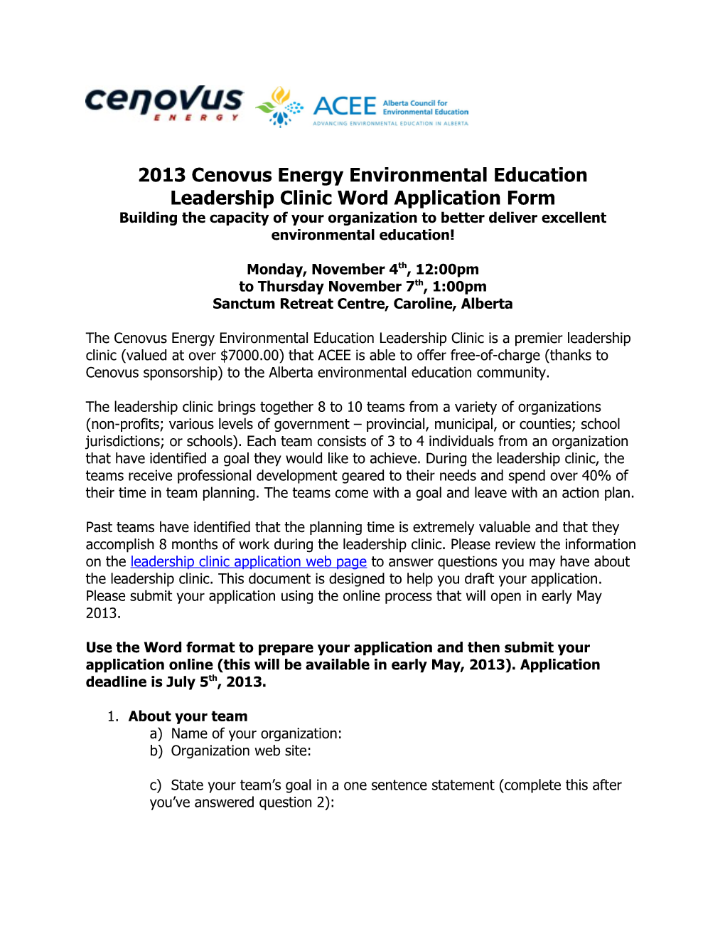 2013 Cenovus Energy Environmental Education Leadership Clinic Word Application Form