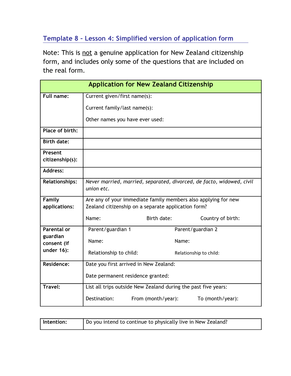 Template 7: Simplified Version of Application Form