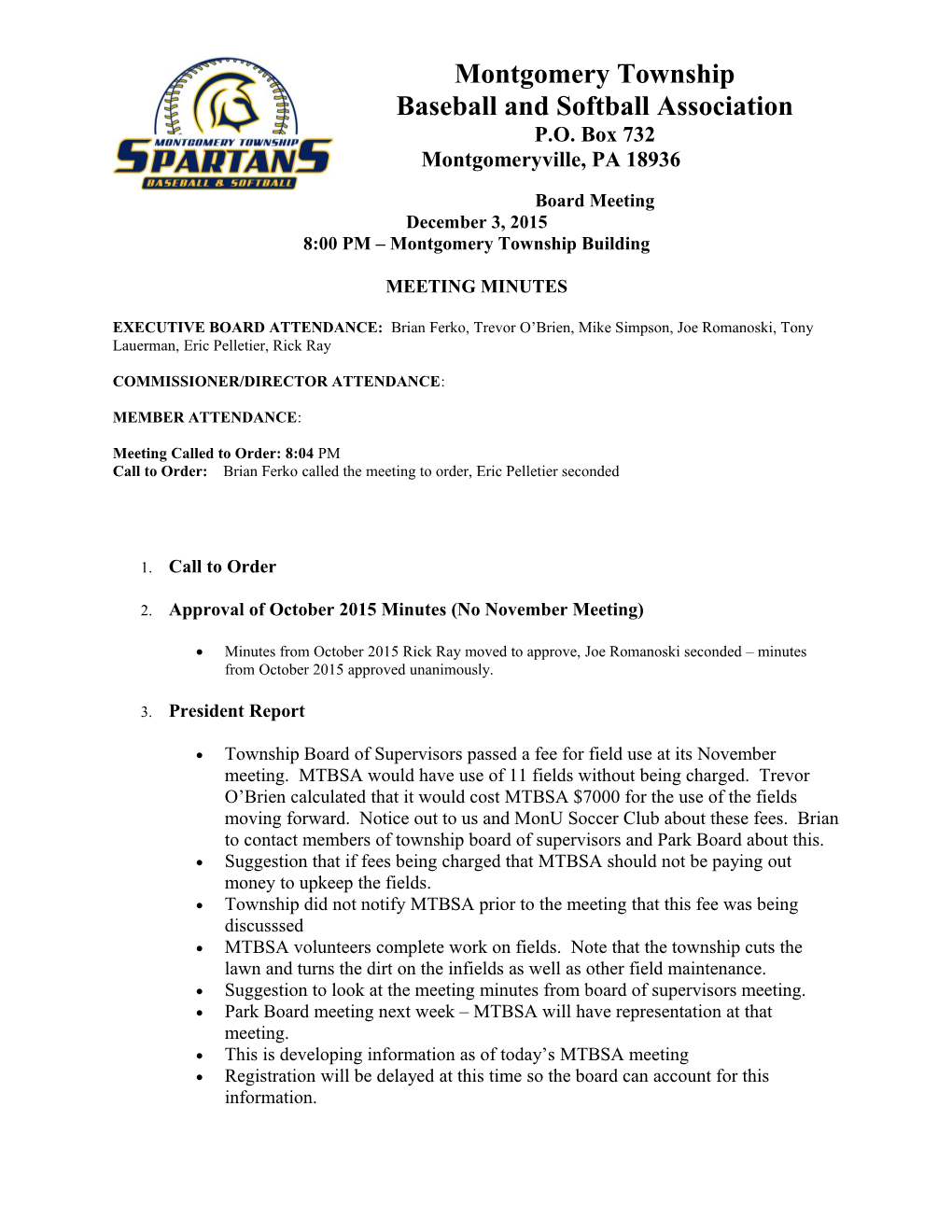 Monthly Board Meeting Minutes 12/03/2015