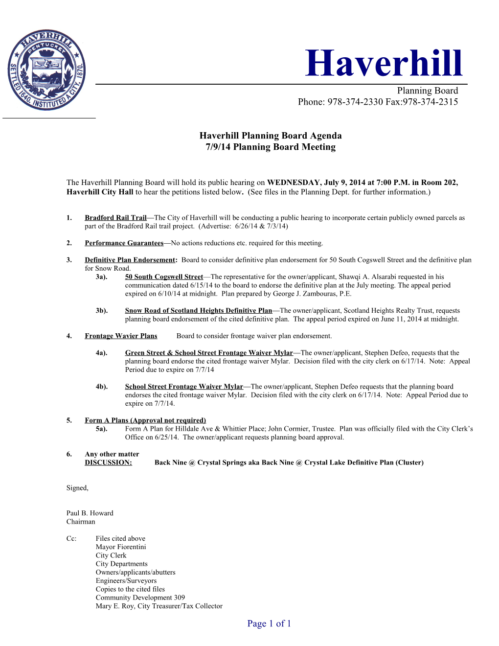 Haverhill Planning Board Agenda