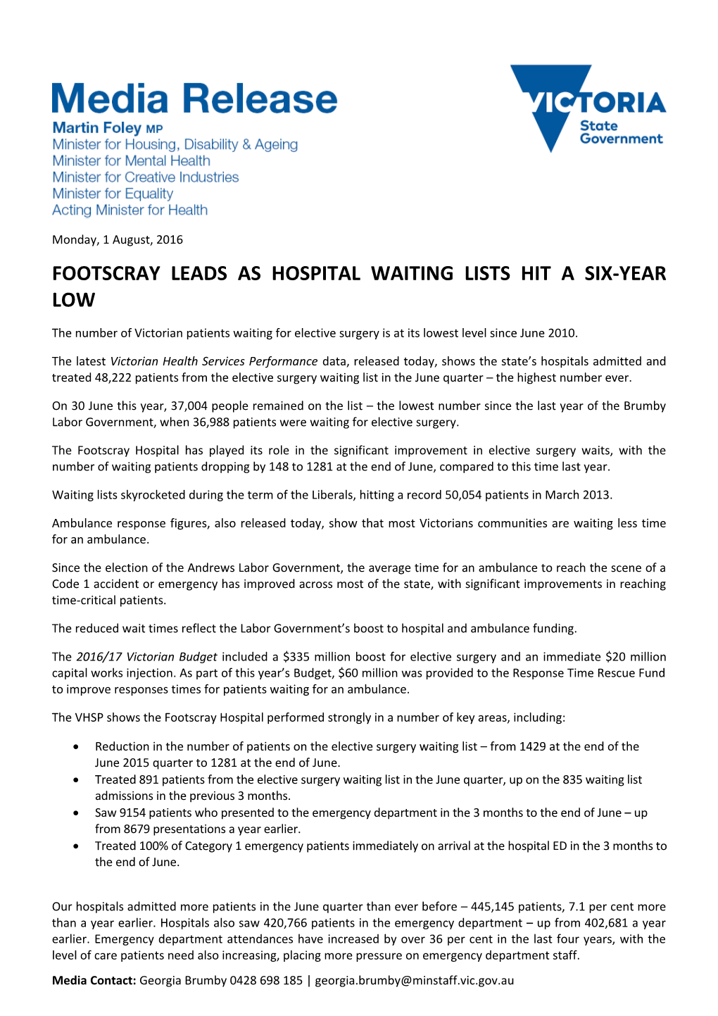 Footscray Leads As Hospital Waiting Lists Hit a Six-Year Low