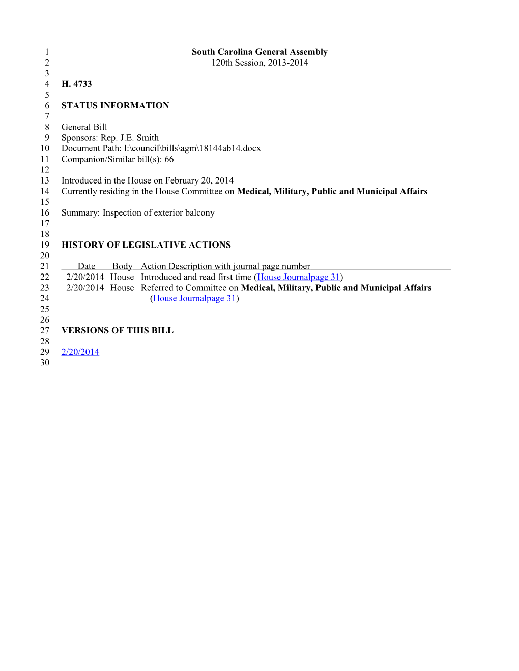 2013-2014 Bill 4733: Inspection of Exterior Balcony - South Carolina Legislature Online