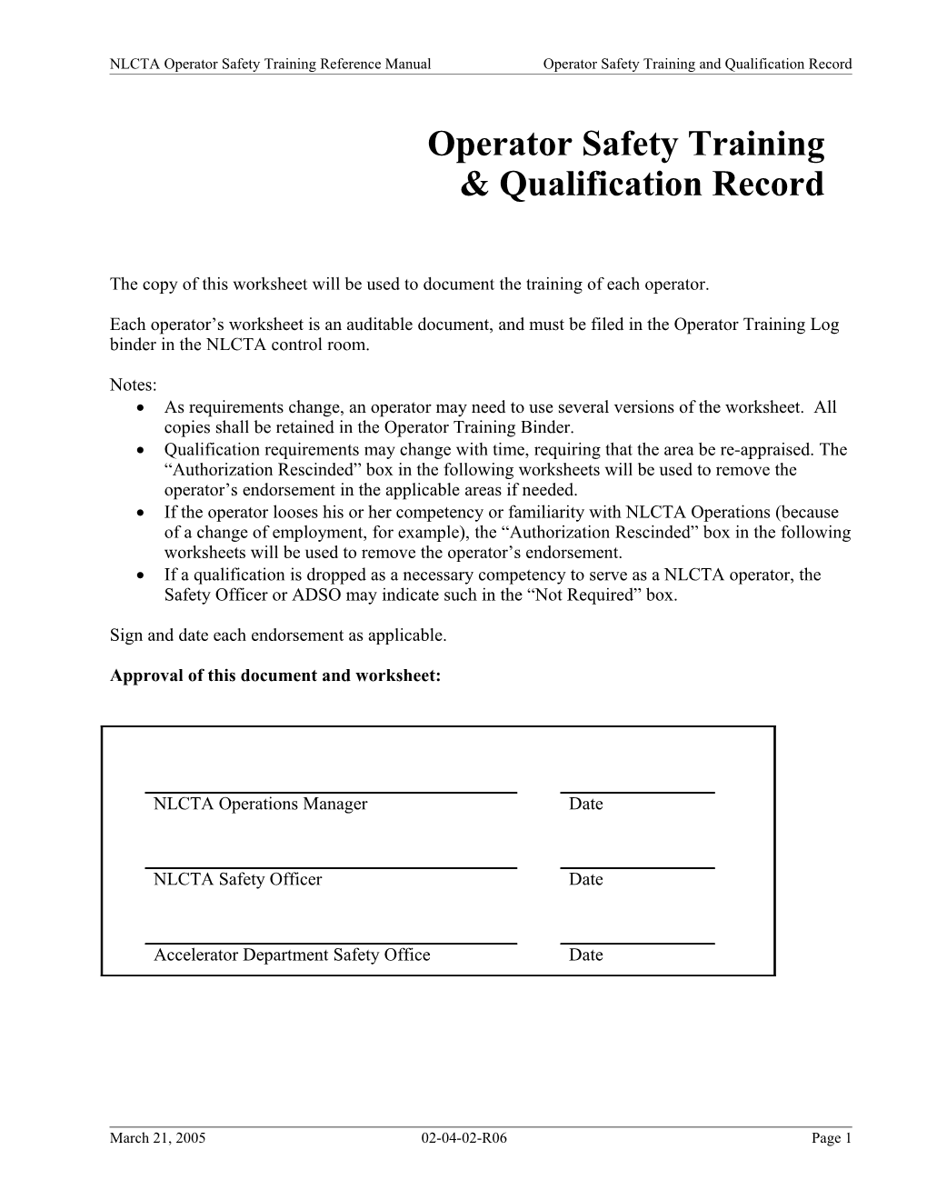 NLCTA Training Record Summary