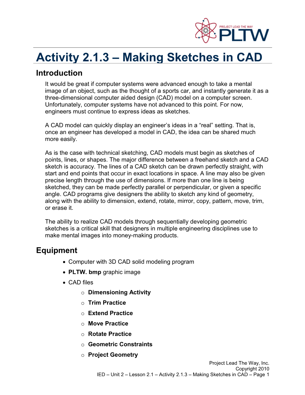 Activity 2.1.3: Making Sketches in CAD