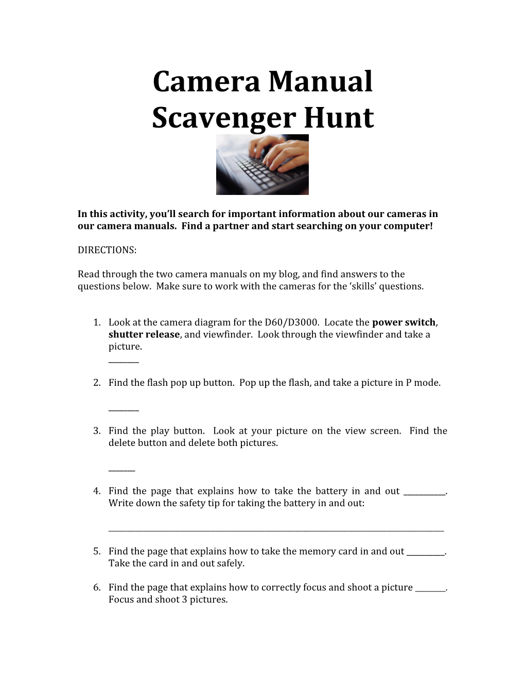 Camera Manual Scavenger Hunt