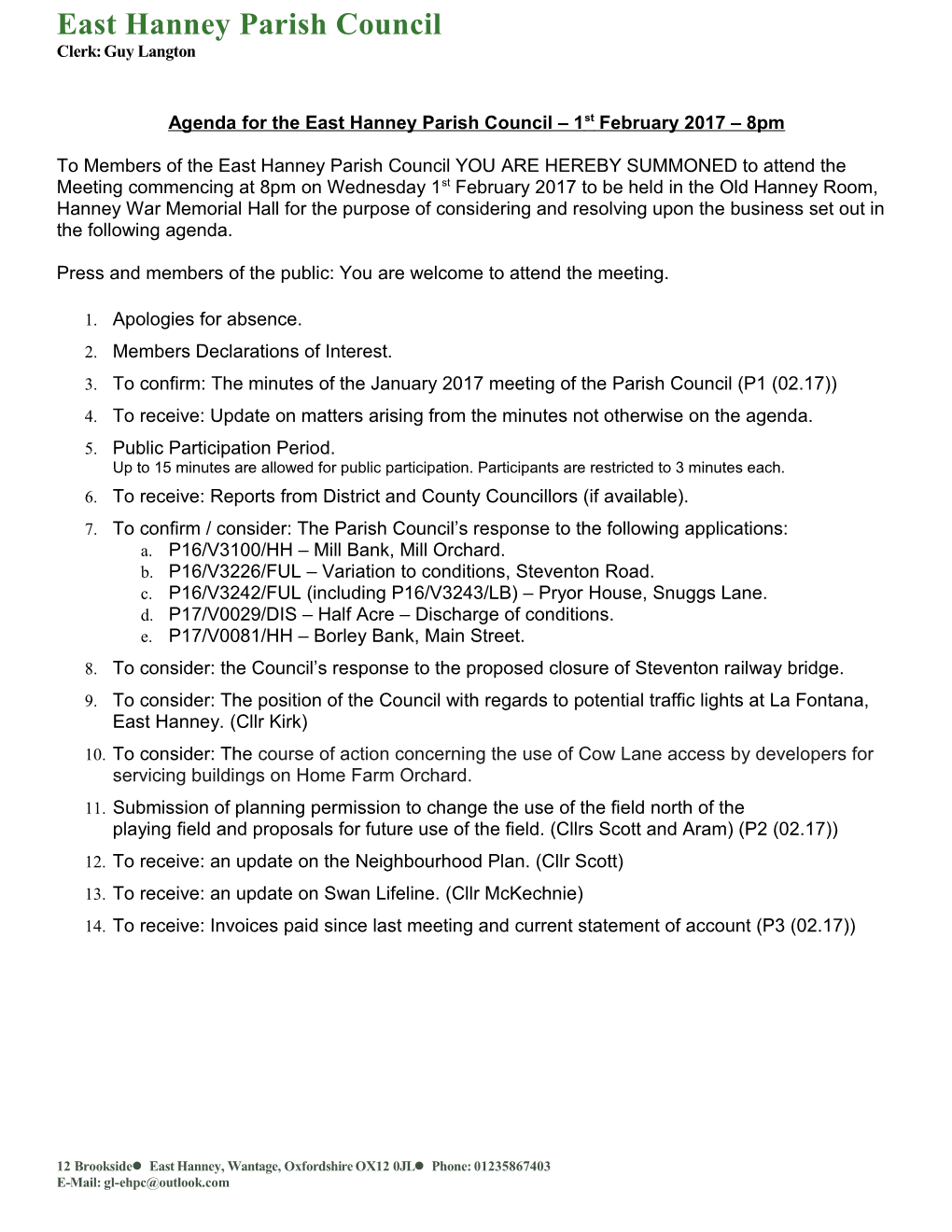 Agenda for the East Hanney Parish Council 1St February 2017 8Pm