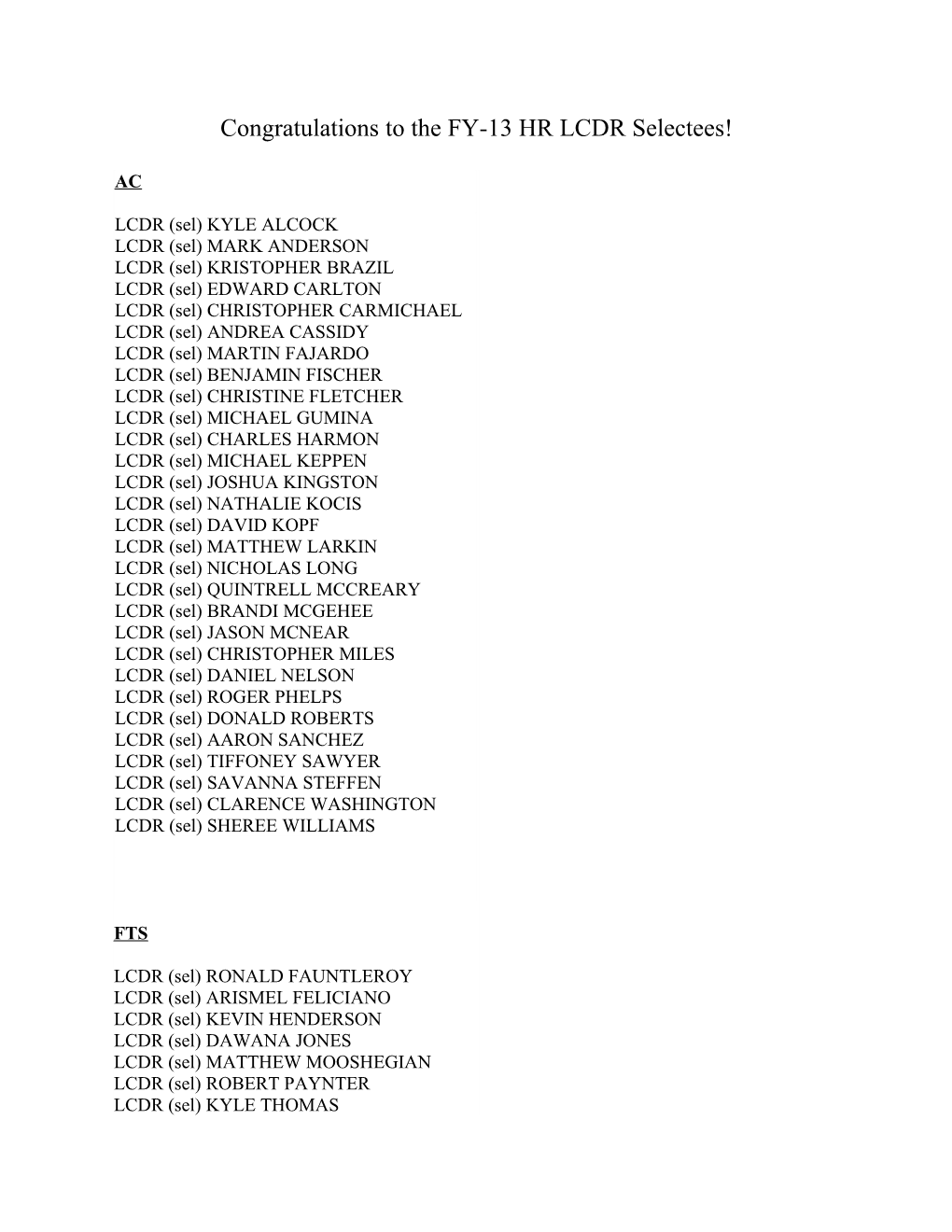 Congratulations to the FY-13 HR Lcdrselectees!
