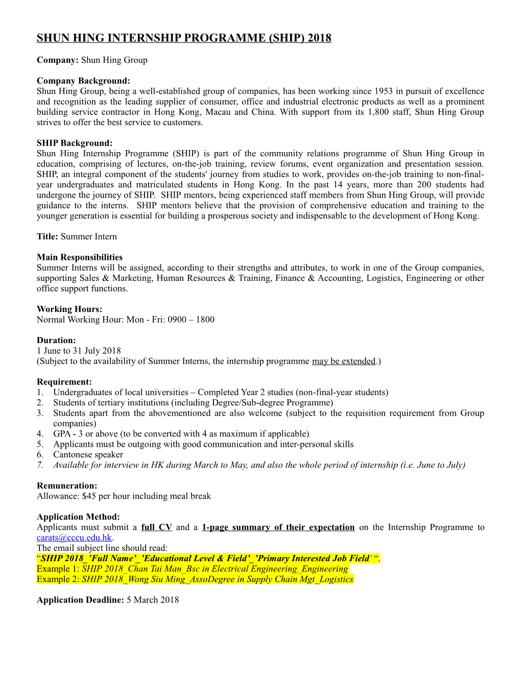 Shun Hing Internship Programme (Ship) 2005