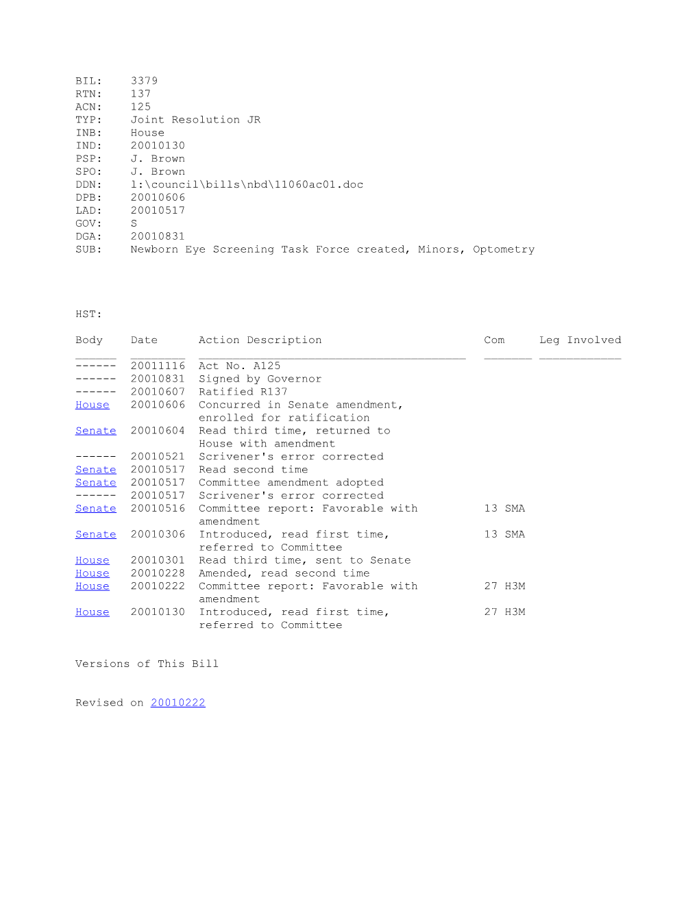 2001-2002 Bill 3379: Newborn Eye Screening Task Force Created, Minors, Optometry - South