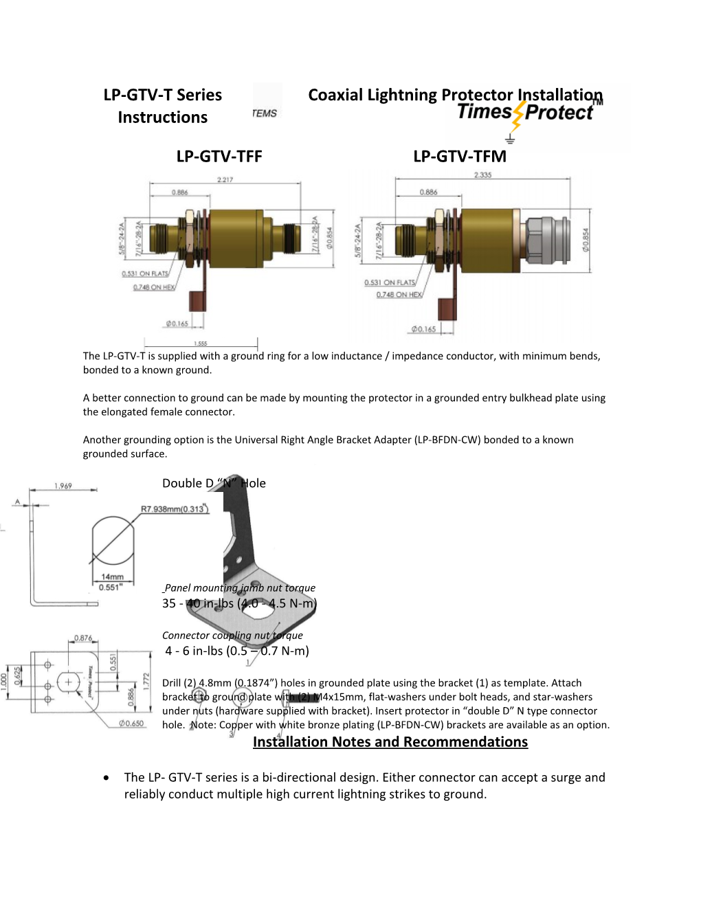 LP-GTV-T Series Coaxial Lightning Protector Installationinstructions