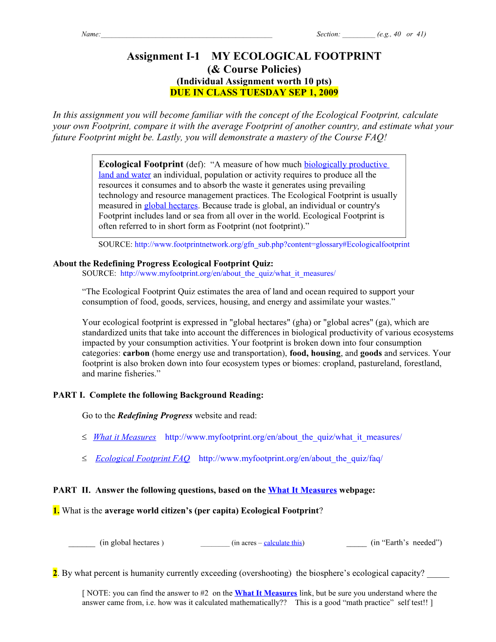 Ecological Footprint Assignment