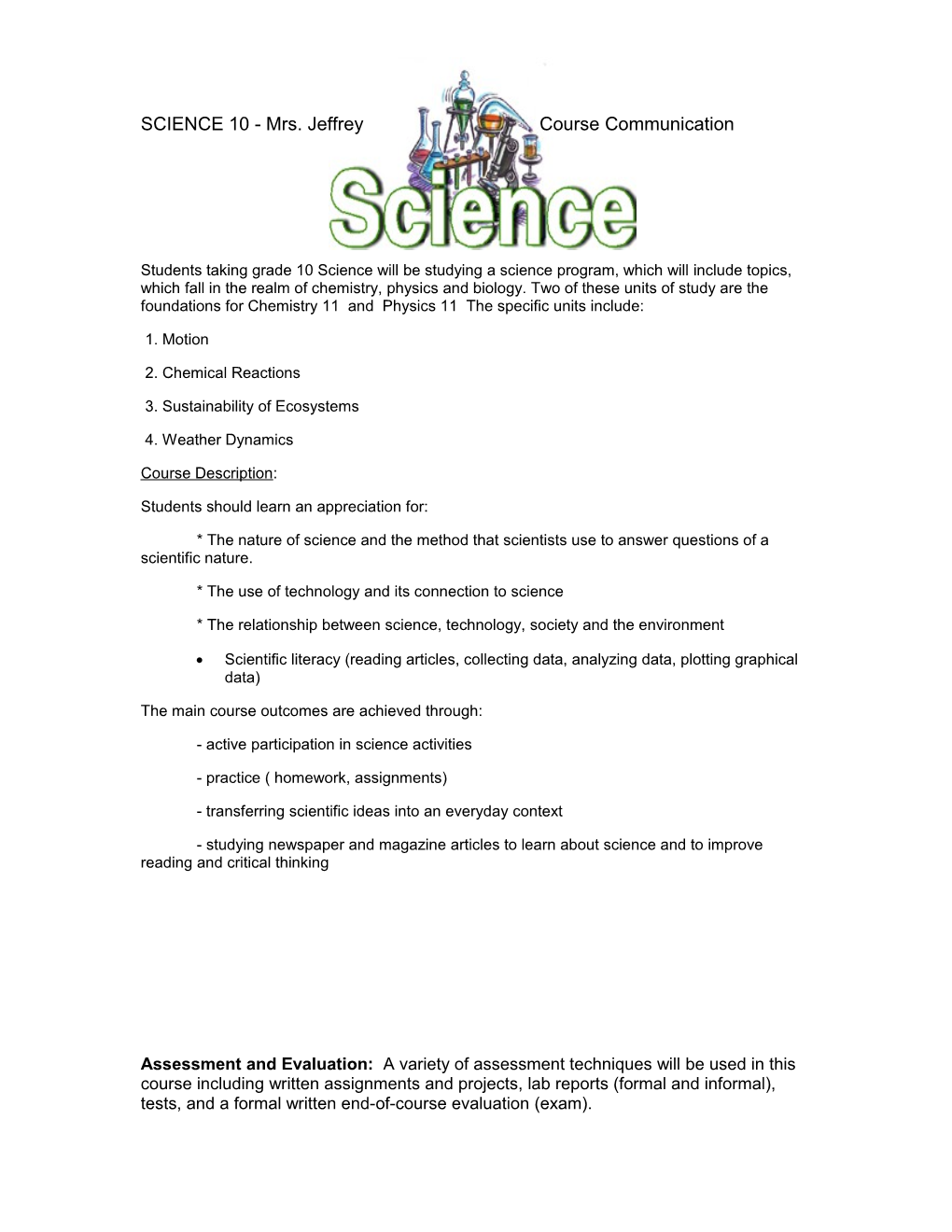 SCIENCE 10 - Mrs. Jeffrey Course Communication