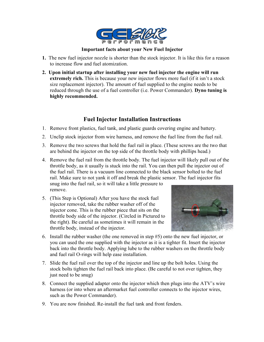 Yamaha Raptor 700 Fuel Injector Installation Instructions