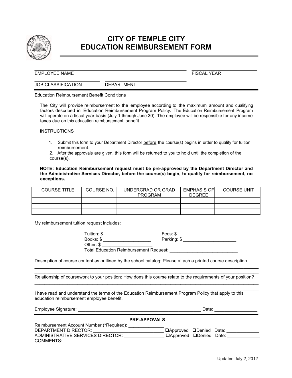 Education Reimbursement Form