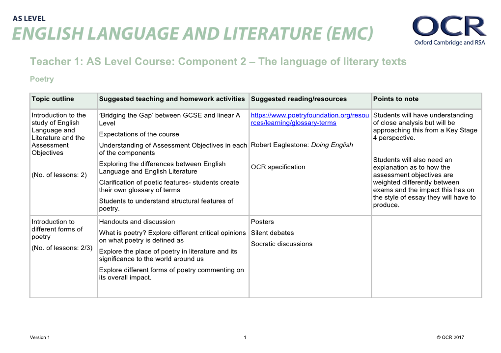 OCR AS Level English Language and Literature Scheme of Work