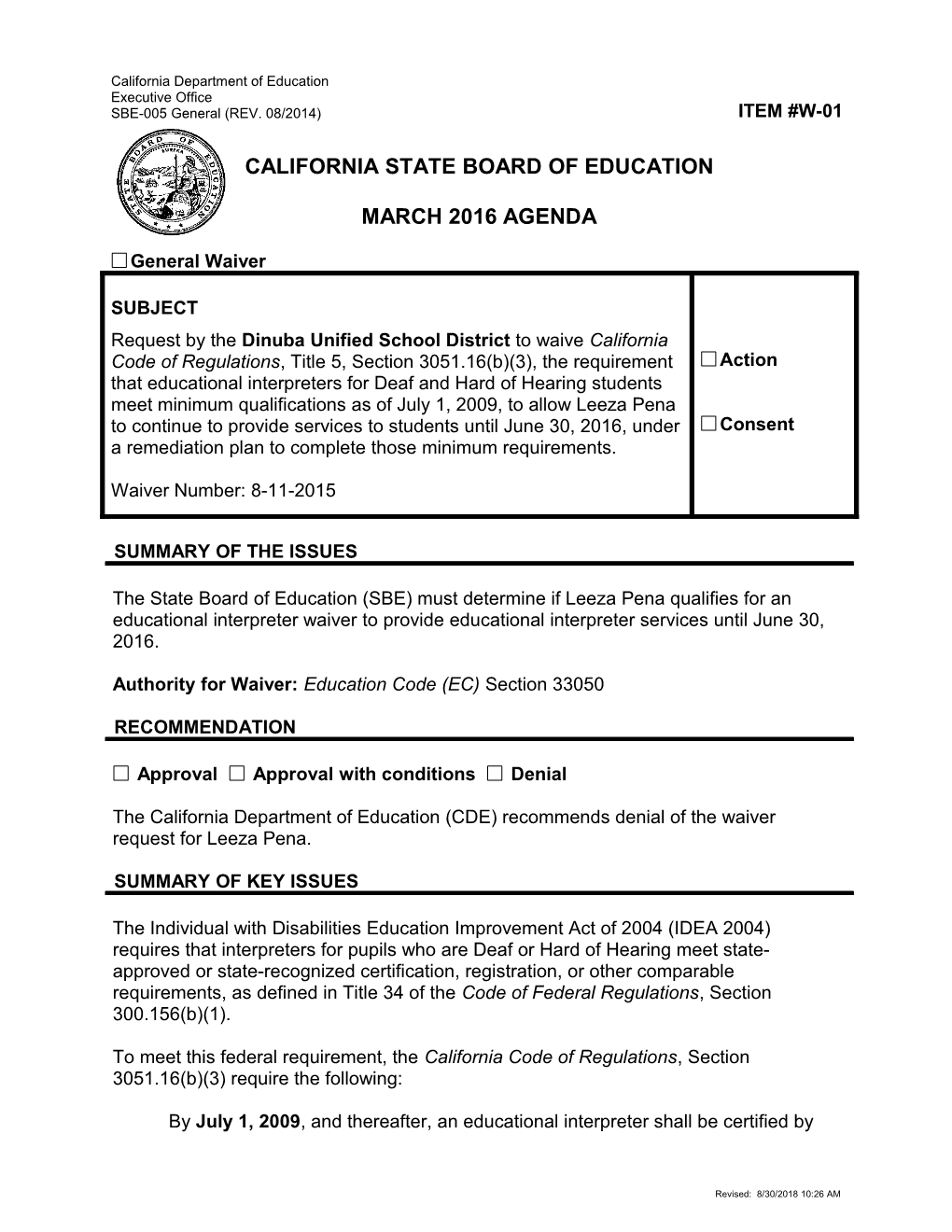 March 2016 Waiver Item W-01 - Meeting Agendas (CA State Board of Education)