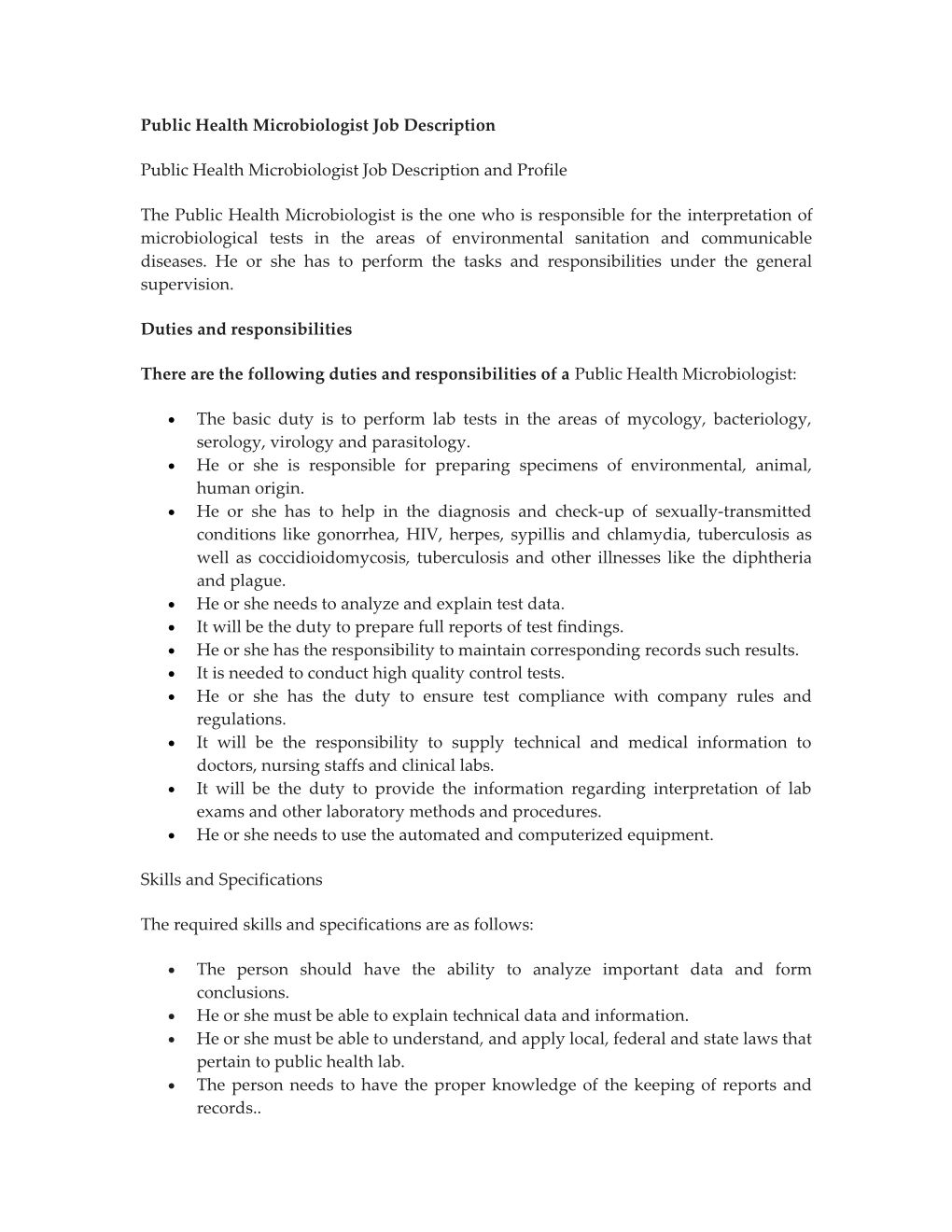 Public Health Microbiologist Job Description