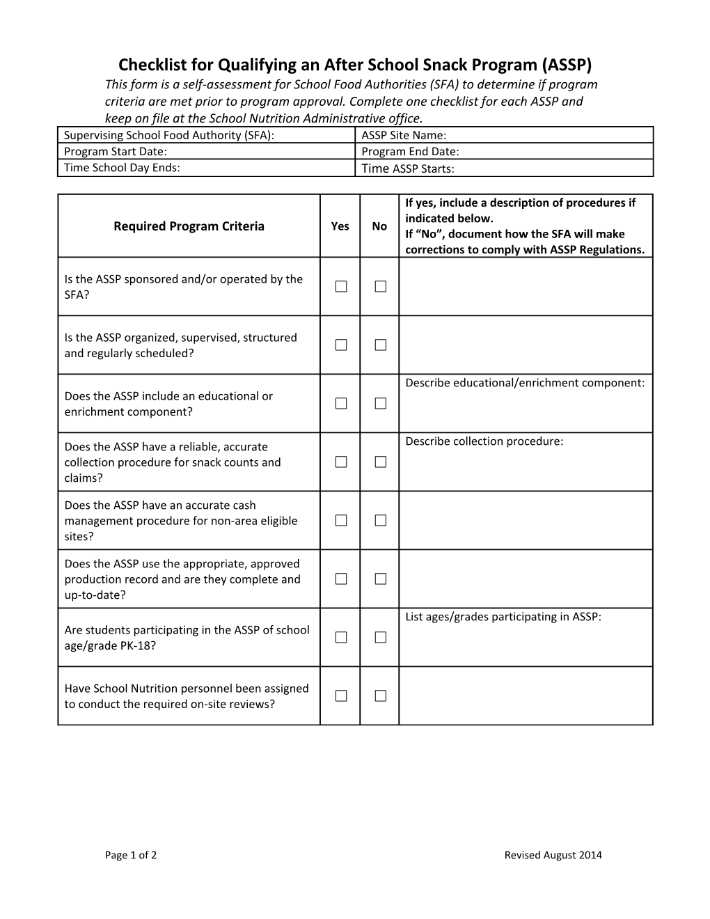 Afterschool Snack Program