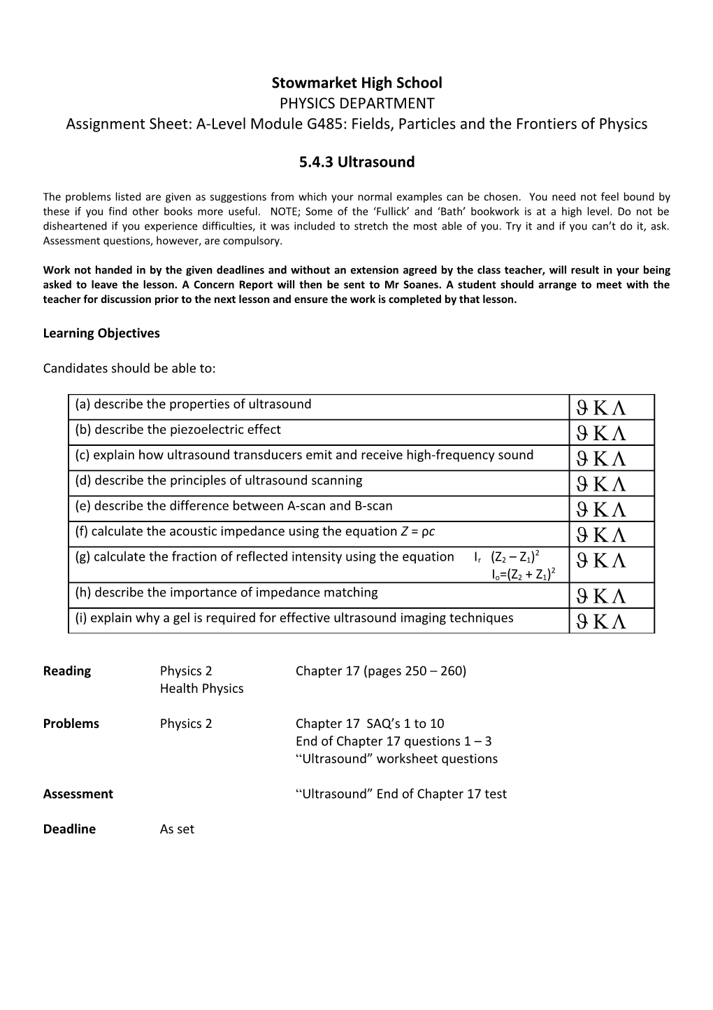 Assignment Sheet: A-Level Module G485: Fields, Particles and the Frontiers of Physics