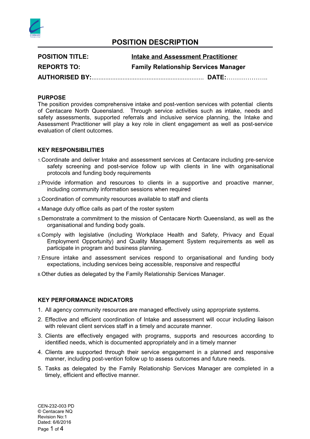 POSITION TITLE:Intake and Assessment Practitioner