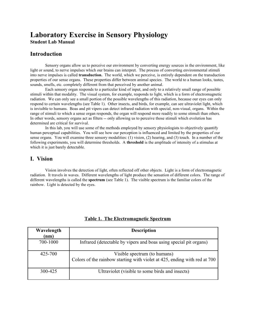 Laboratory Exercise in Sensory Physiology