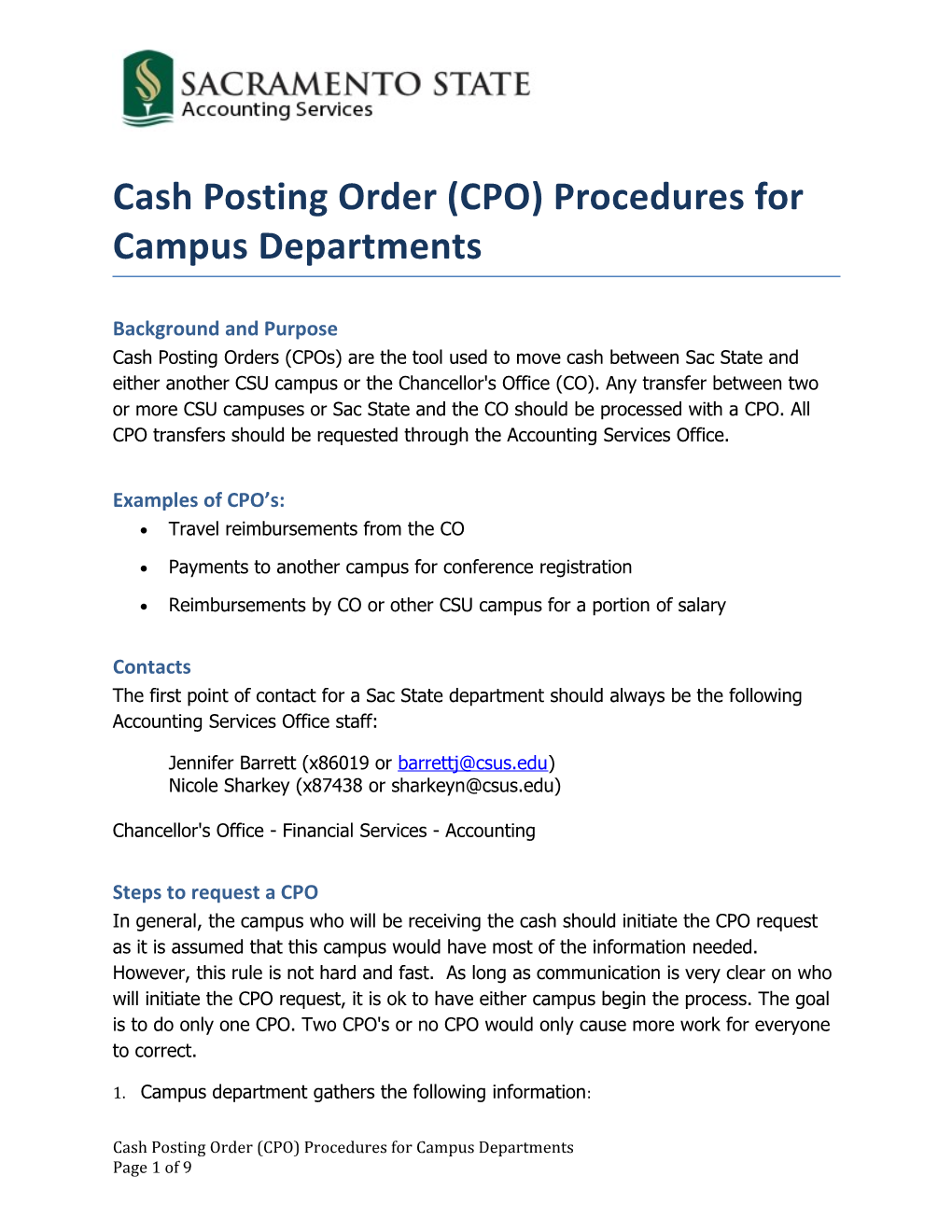 Cash Posting Order (CPO) Procedures for Campus Departments