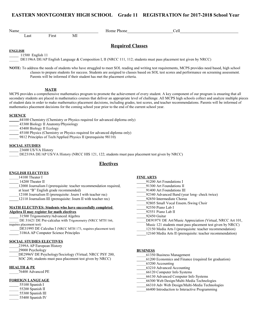 EASTERN MONTGOMERY HIGH SCHOOL Grade 11 REGISTRATION for 2017-2018 School Year