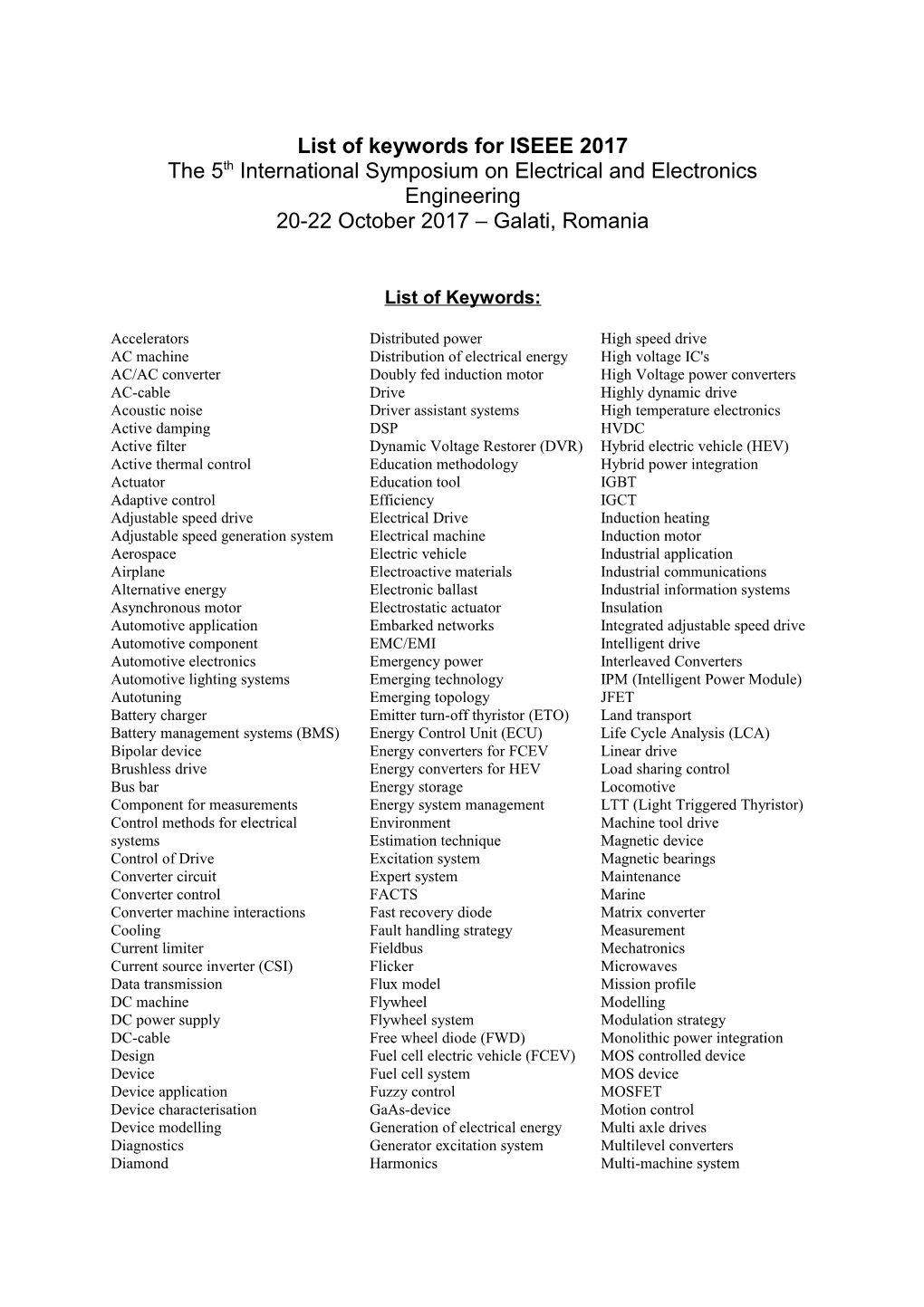 List of Keywords for EPE-PEMC 2008