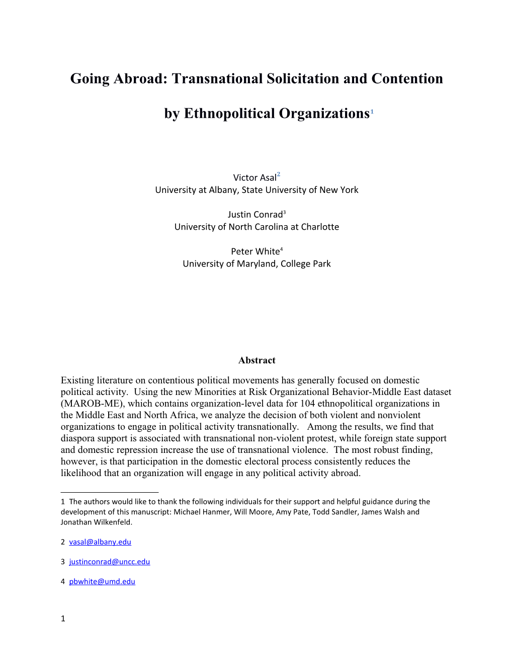 Going Abroad: Transnational Solicitation and Contention by Ethnopolitical Organizations 1