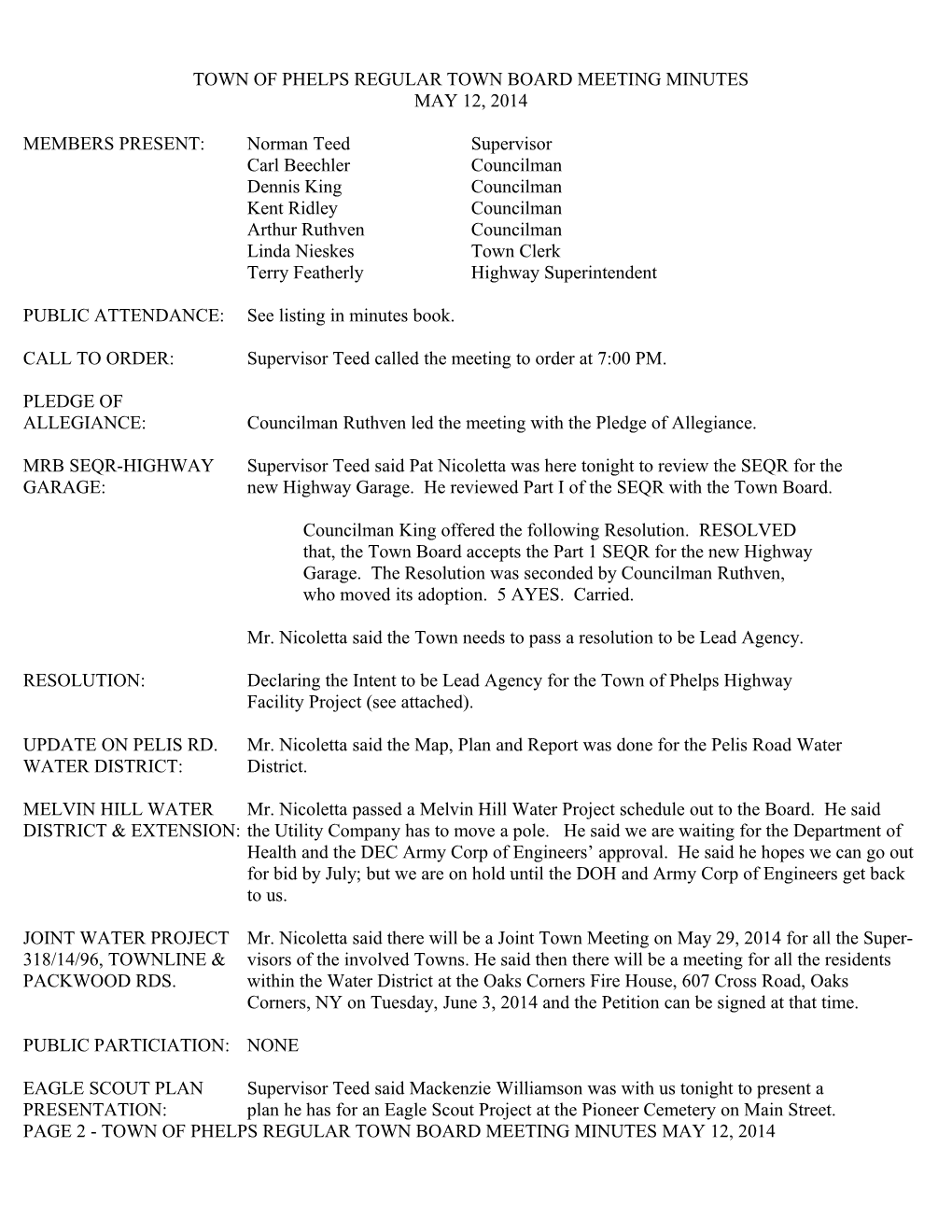 Town of Phelps Regular Town Board Meeting Minutes