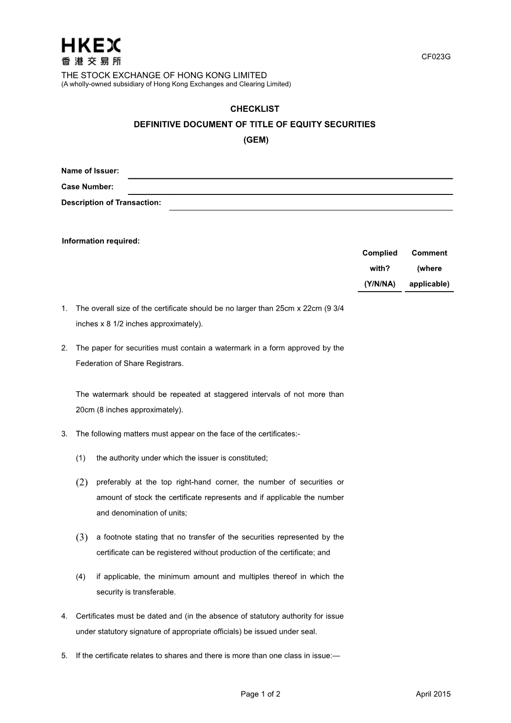 Checklist for Definitive Documents of Title - Equity Securities