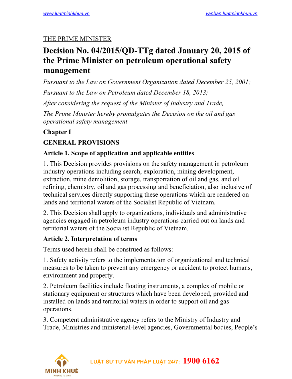 Decision No. 04/2015/QD-Ttg Dated January 20, 2015 of the Prime Minister on Petroleum