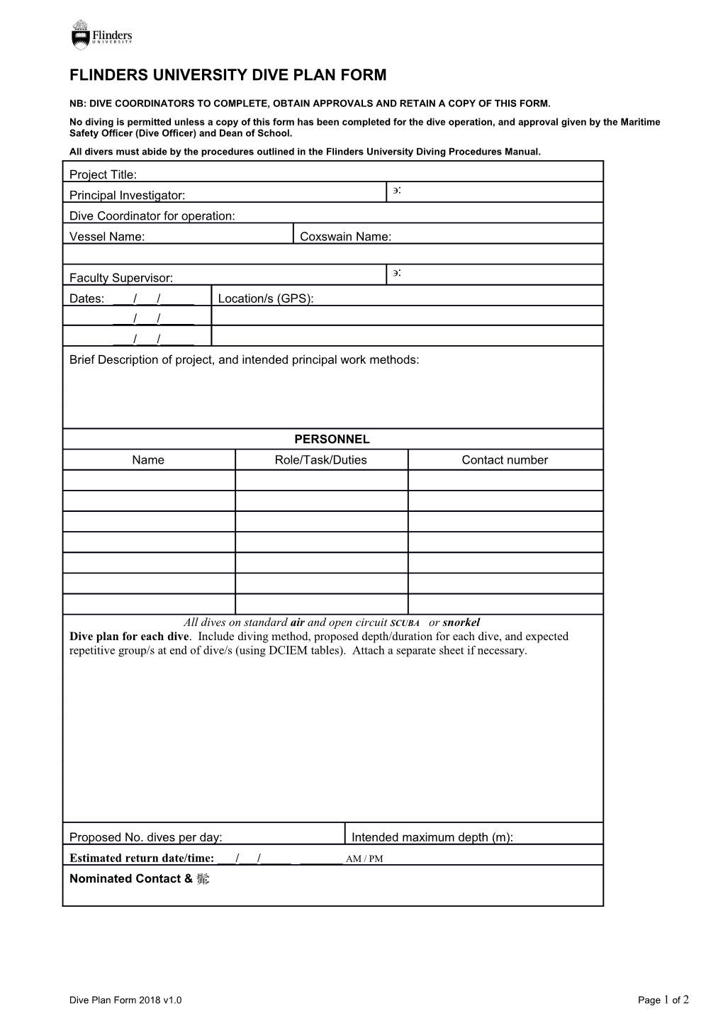 Flinders University Dive Plan Form