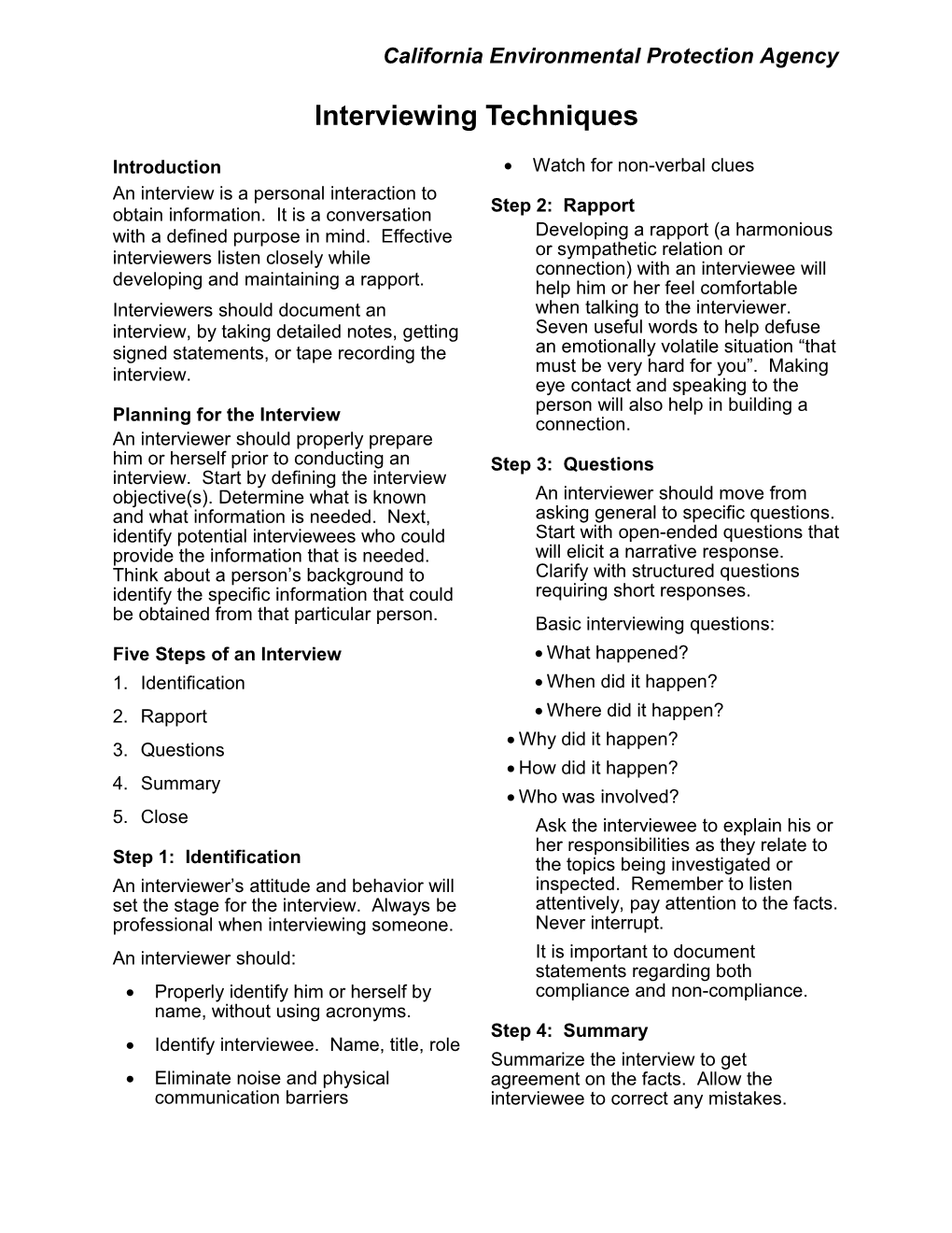 Fact Sheet on Interviewing Techniques