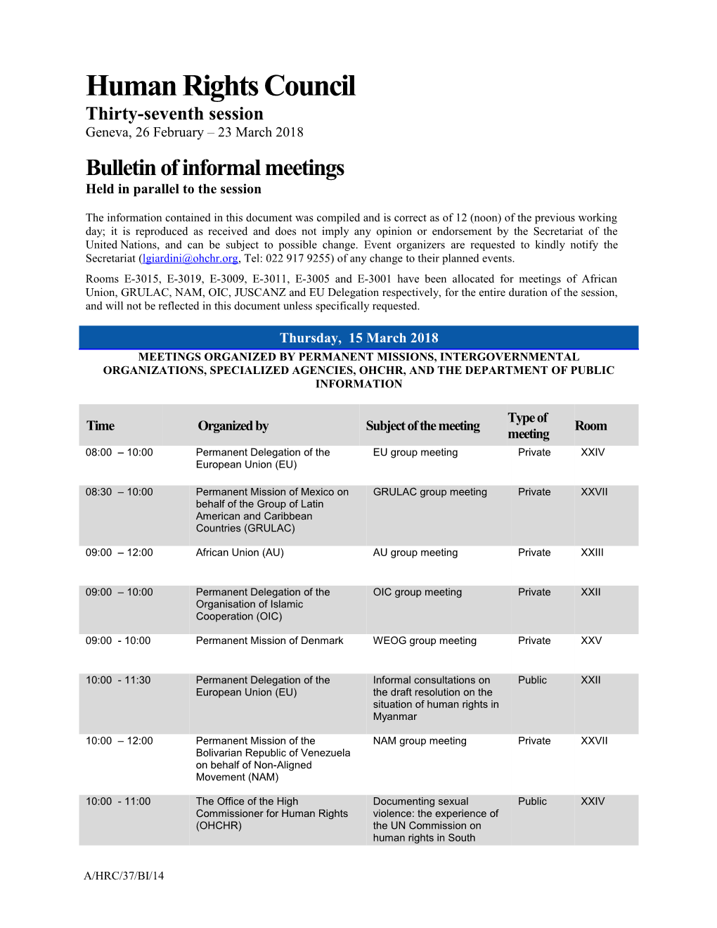 Bulletin of Informal Meetings, Thursday 14 March 2018