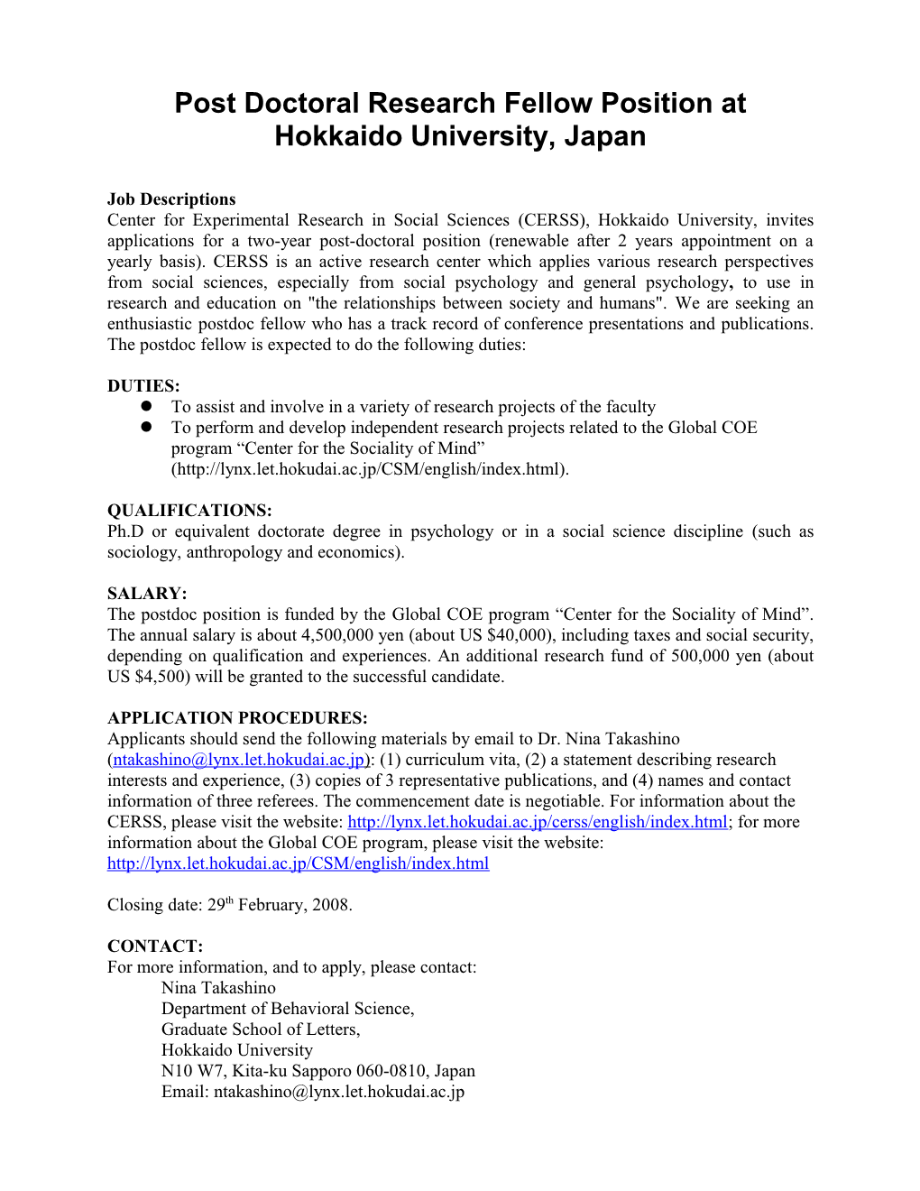 Post Doctoral Research Fellow Position at Hokkaido University, Japan