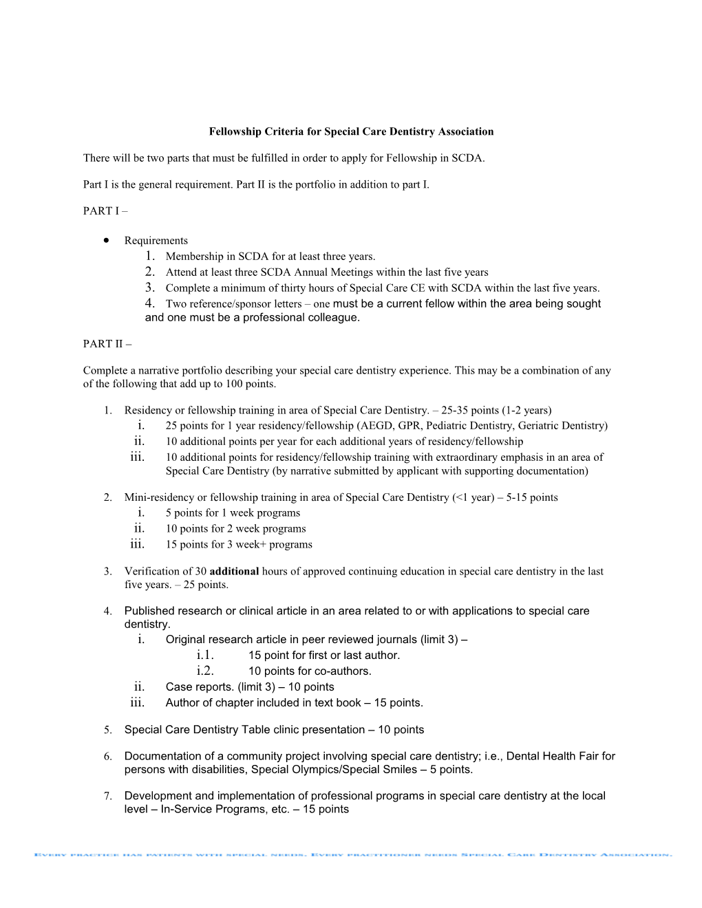 Fellowship Criteria for Special Care Dentistry Association