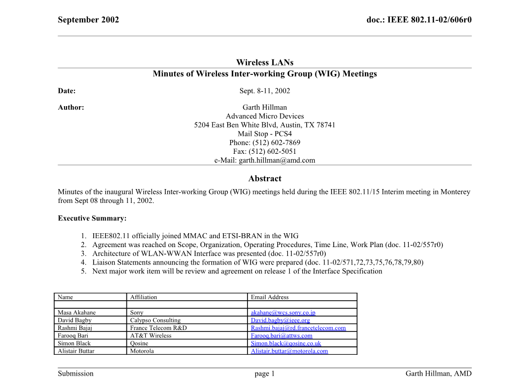Minutes of Wireless Inter-Working Group (WIG) Meetings
