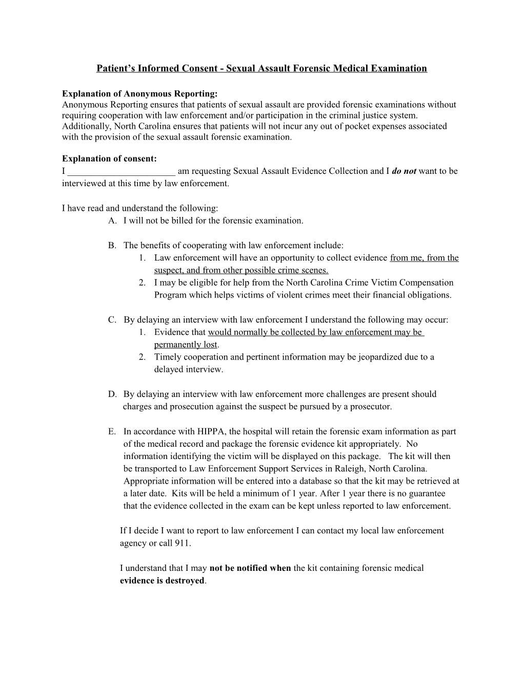 Informed Consent for Sexual Assault Evidence Collection (Within STEP 1)