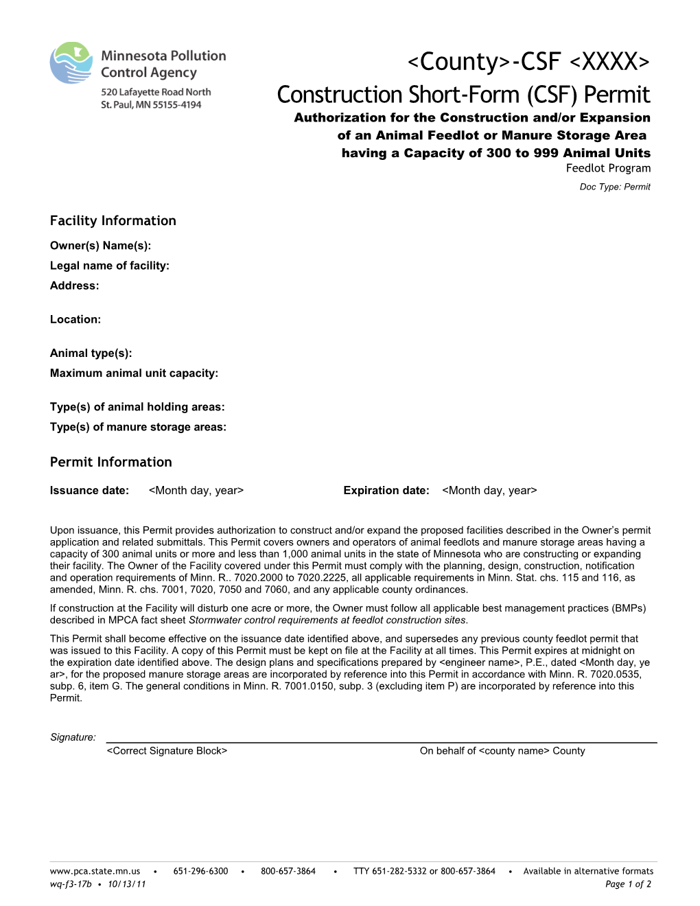Construction Short Form Permit - County-CSF