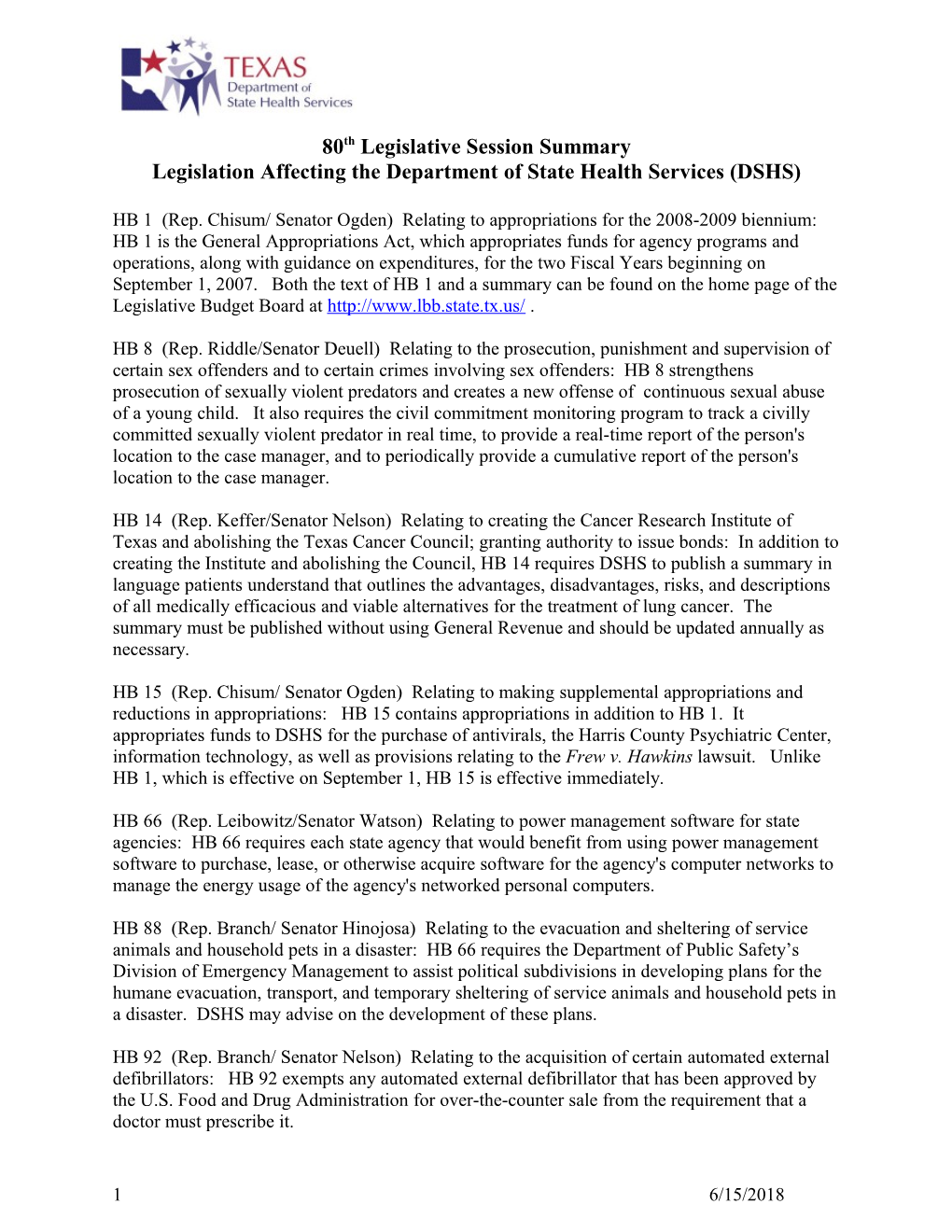 Legislation Affecting the Department of State Health Services (DSHS)
