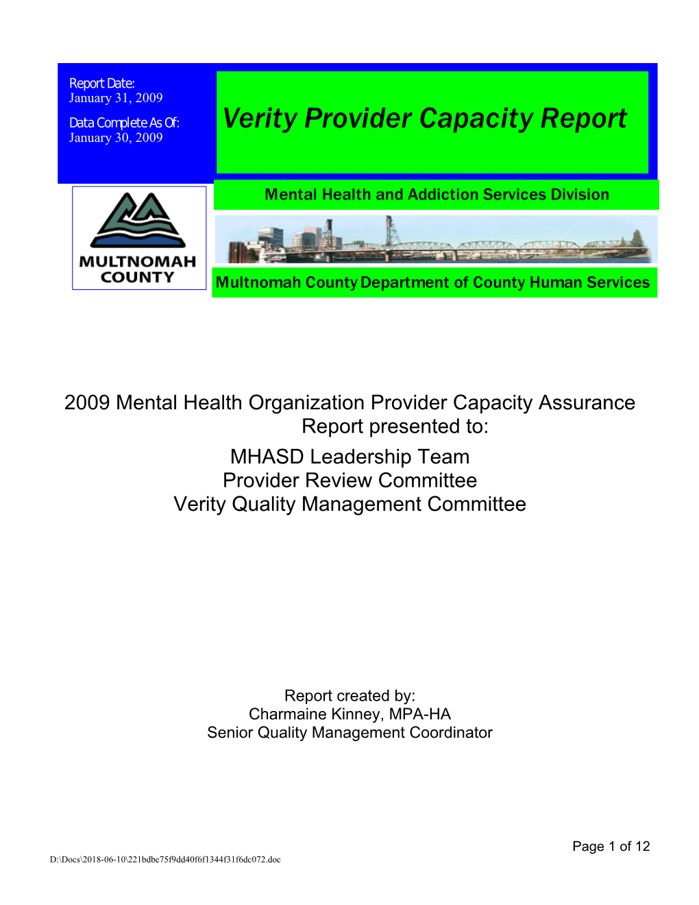 Mental Health Provider Capacity Assurance Report