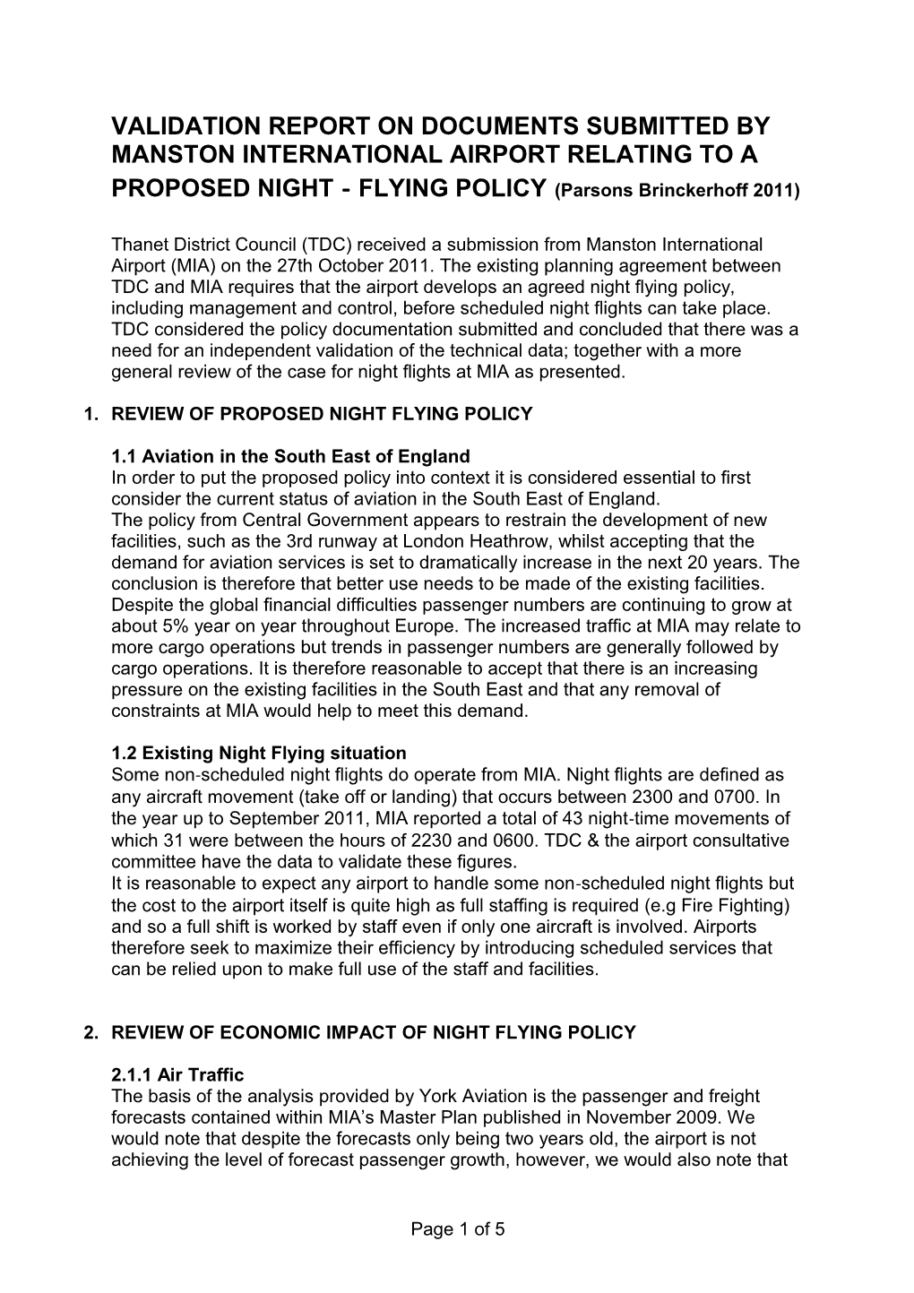 Validation Reporton Documents Submittedbymanstoninternationalairportrelating to a Proposednight