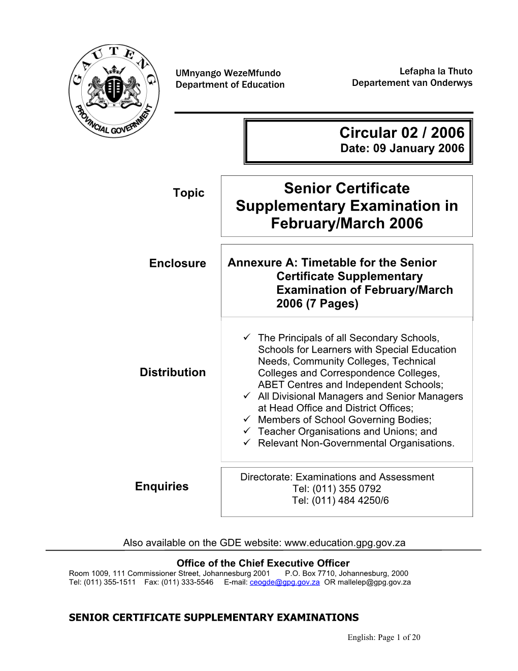 Cicular 02 Senior Certificate Supplementary Examination in February/March 2006