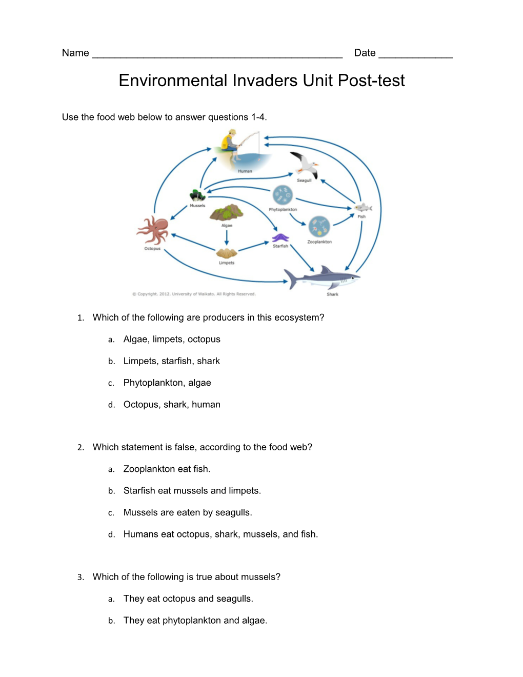 Use the Food Web Below to Answer Questions 1-4