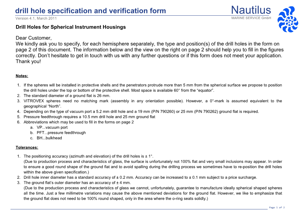 Drill Hole Specification Form