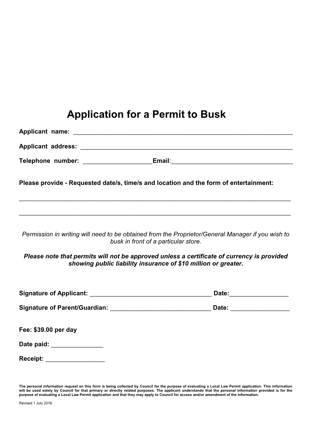 Busking Permit Application